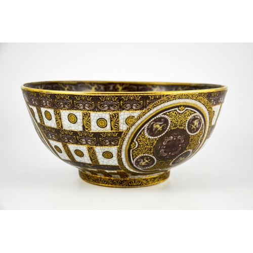 389 - A Large Crackle Glazed Bowl decorated in brown and gilt enamels on a grey ground, the banding and ci... 