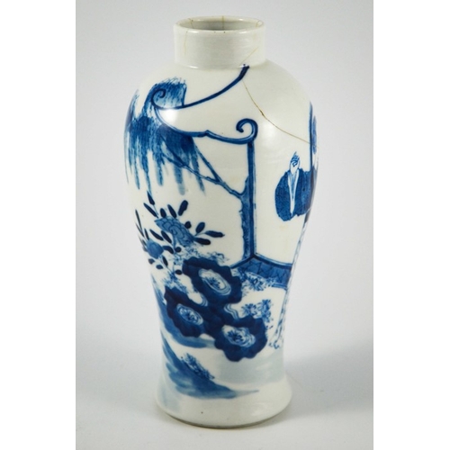 393 - A Chinese Kangxi blue and white vase, inverse baluster form, painted with women in a garden landscap... 