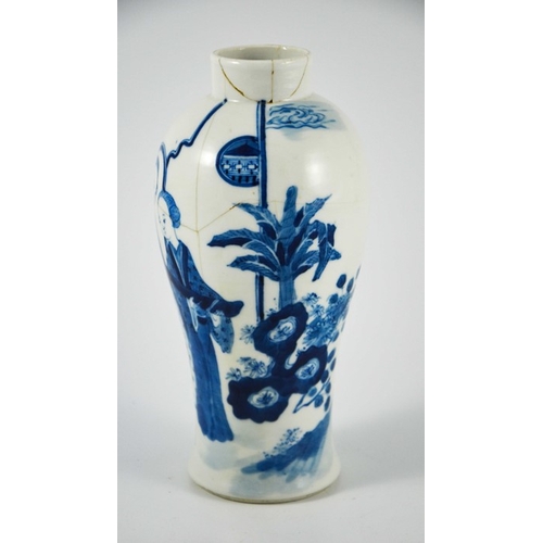 393 - A Chinese Kangxi blue and white vase, inverse baluster form, painted with women in a garden landscap... 