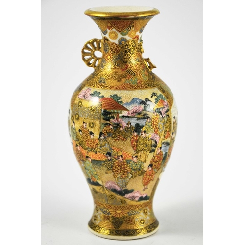 394 - A Japanese Satsuma vase, Meiji, inverse baluster form with reticulated twin chrysanthemum handles, p... 