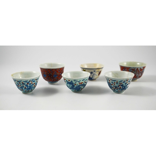 395 - Six Chinese Doucai and enamelled bowls, Chenghua marks, variously decorated bel form with underglaze... 