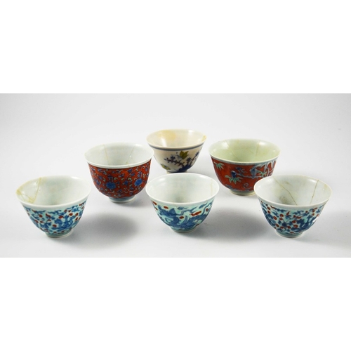 395 - Six Chinese Doucai and enamelled bowls, Chenghua marks, variously decorated bel form with underglaze... 