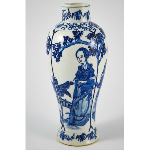 398 - A Chinese Qianlong mark blue and white vase, painted with panels of women in a garden landscape, bet... 