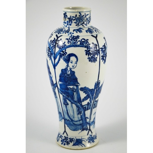 398 - A Chinese Qianlong mark blue and white vase, painted with panels of women in a garden landscape, bet... 