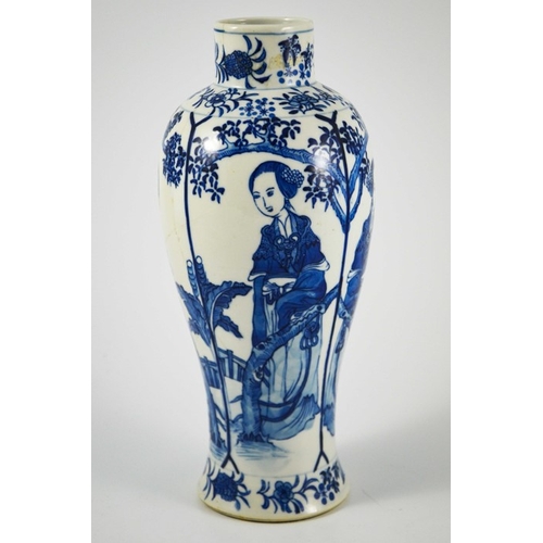 398 - A Chinese Qianlong mark blue and white vase, painted with panels of women in a garden landscape, bet... 