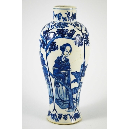 398 - A Chinese Qianlong mark blue and white vase, painted with panels of women in a garden landscape, bet... 