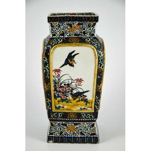 405 - A Japanese Kutani vase, square section form, painted with panels of birds and foliage, in between fo... 