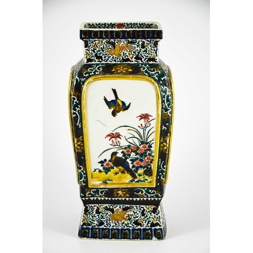 405 - A Japanese Kutani vase, square section form, painted with panels of birds and foliage, in between fo... 