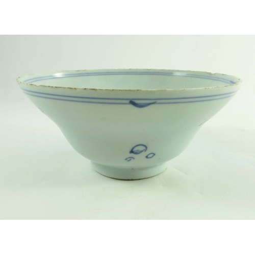 411 - A Chinese blue and white bowl, Ming, ogee form, painted with prunus, 18cm diameter