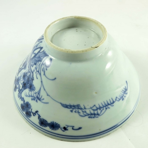 411 - A Chinese blue and white bowl, Ming, ogee form, painted with prunus, 18cm diameter