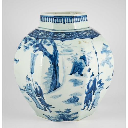 413 - A large Oriental blue and white hexagonal vase of bulbous form decorated with warriors and dignitari... 