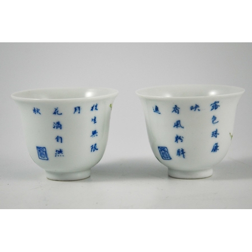 418 - A pair of Chinese Doucai cups or tea bowls, Kangxi marks, footed bell form, painted with prunus and ... 