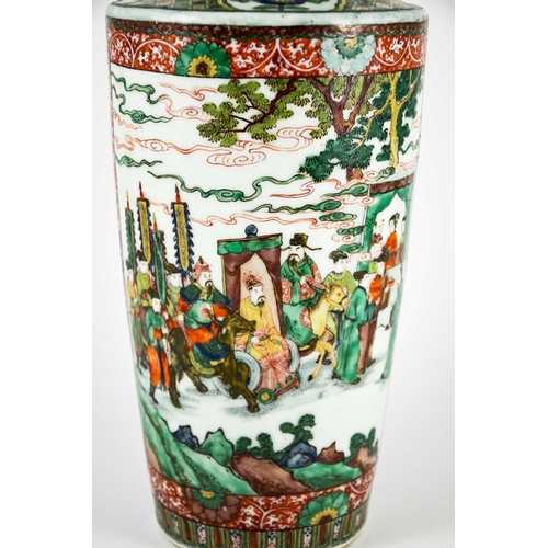 419 - A Chinese Export Famille Vert Rouleau Shaped Vase, circa 20th Century, decorated in coloured enamels... 