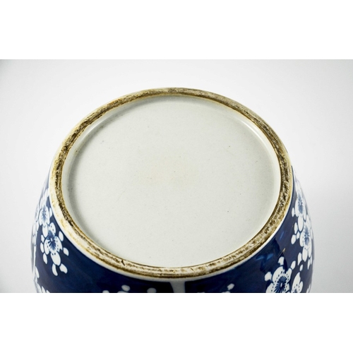 422 - A Chinese blue and white ginger jar and cover, painted with prunus blossom, 25cm high