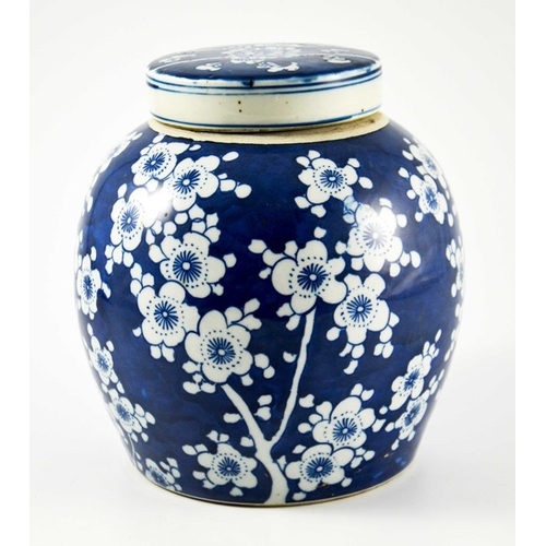 422 - A Chinese blue and white ginger jar and cover, painted with prunus blossom, 25cm high