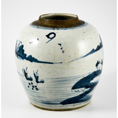 423 - A Chinese blue and white ginger jar, painted in the round with watery landscape with figures and bui... 