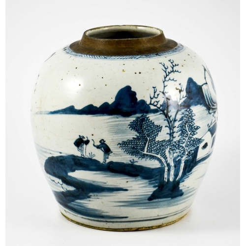 423 - A Chinese blue and white ginger jar, painted in the round with watery landscape with figures and bui... 