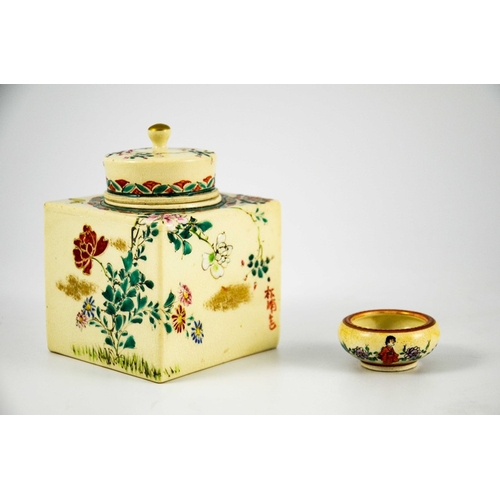 428 - A Japanese Satsuma tea caddy, together with a miniature bowl, the caddy of cuboid form, enamelled wi... 