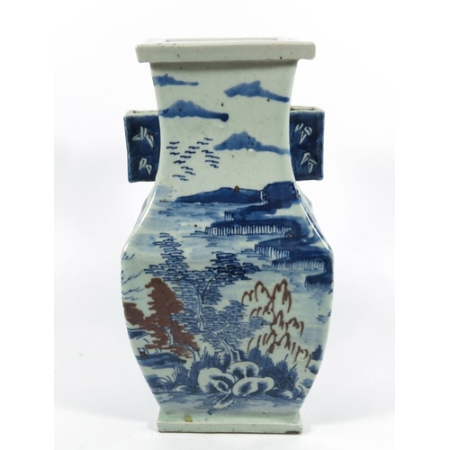 430a - A Chinese blue and white vase, square section baluster form with wing handles, 33cm high