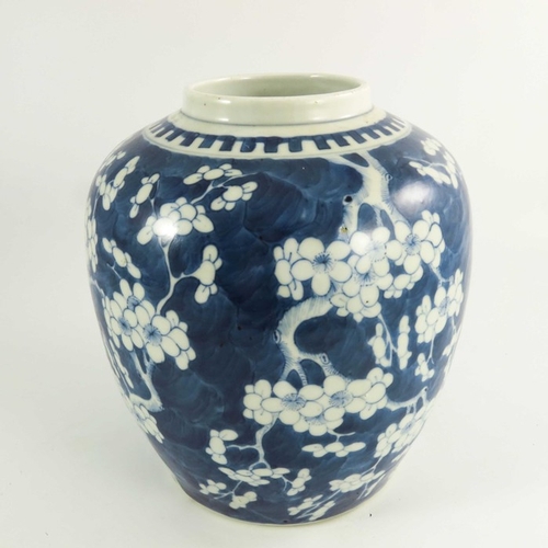 431 - A Chinese blue and white jar, Qing, painted with prunus blossom, character marks with double rings, ... 