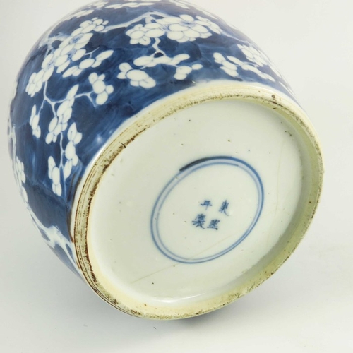 431 - A Chinese blue and white jar, Qing, painted with prunus blossom, character marks with double rings, ... 