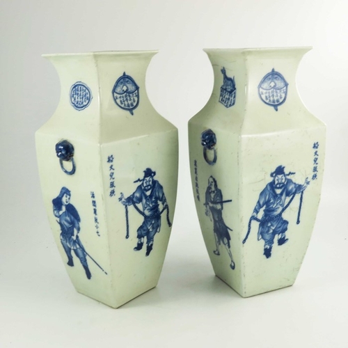 438 - A pair of Chinese blue and white vases, square section baluster form, decorated with warriors, the h... 