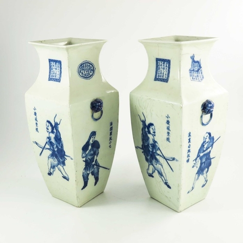 438 - A pair of Chinese blue and white vases, square section baluster form, decorated with warriors, the h... 