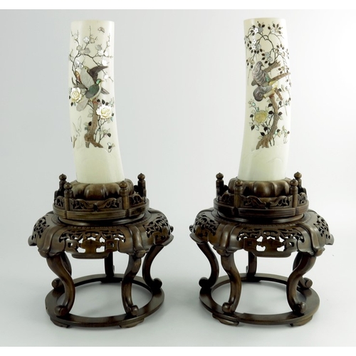 450 - A pair of 19th century Japanese ivory shibayama tusk vases, Meiji, carved and inlaid with mother of ... 