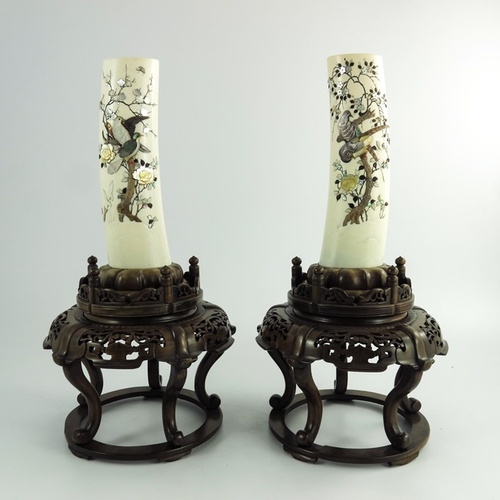 450 - A pair of 19th century Japanese ivory shibayama tusk vases, Meiji, carved and inlaid with mother of ... 