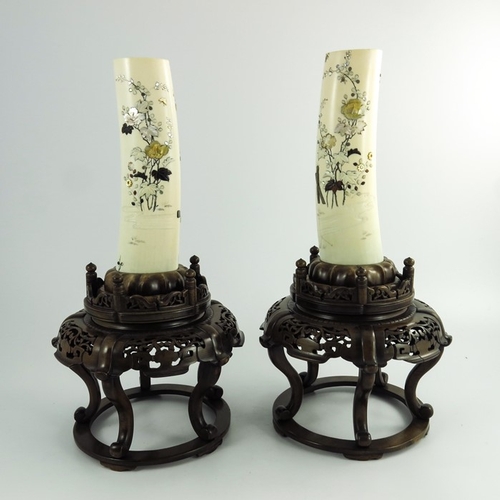 450 - A pair of 19th century Japanese ivory shibayama tusk vases, Meiji, carved and inlaid with mother of ... 