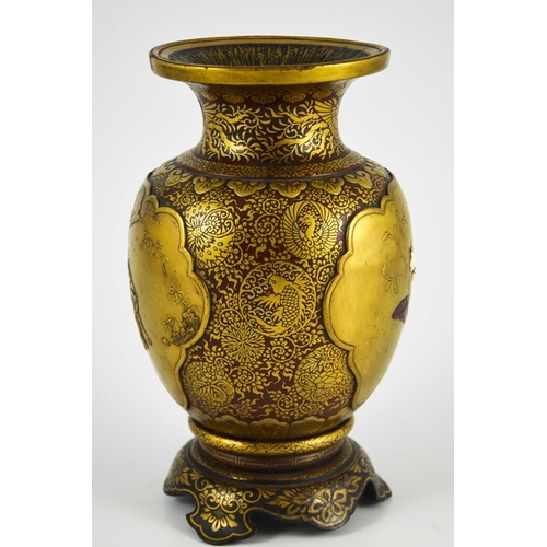 456 - A Japanese Shibayama gold lacquered vase, Meiji, shouldered form on integrated ogee bracket base, de... 