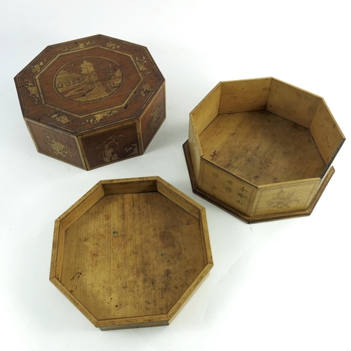 469 - A Japanese overlaid bamboo box and cover, 19th century, octagonal form, penwork style decoration to ... 