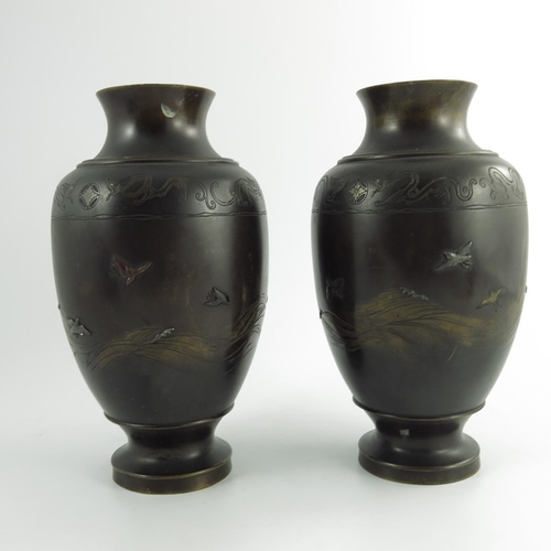 476 - A Pair of Japanese Meiji Period Patinated Bronze and Mixed Metal Baluster Vases, circa 1900, the bod... 