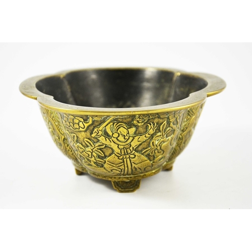 482 - A Chinese bronze censer, quatrelobed section ogee form, cast in relief with cartouches of animated w... 