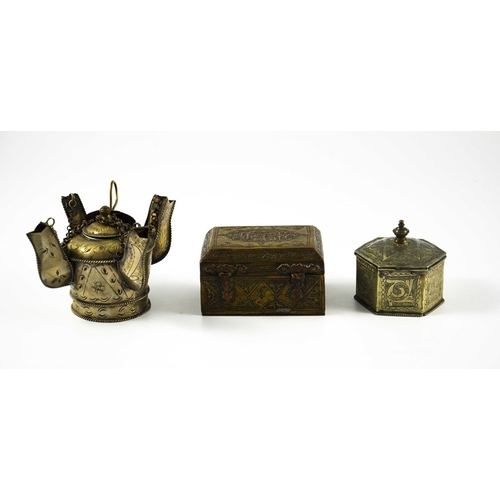 486 - Three Persian metal vessels, including two boxes, engraved with Islamic and Arabic script and foliat... 