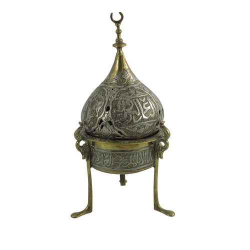 487 - A 19th century or earlier Persian cairoware brass and silver overlay incense burner and cover, the c... 