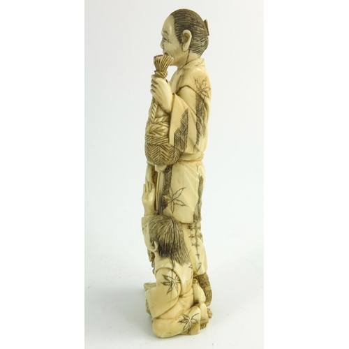 497 - λ A 19th century Japanese ivory okimono, Meiji, modelled as a father and son, 15cm high