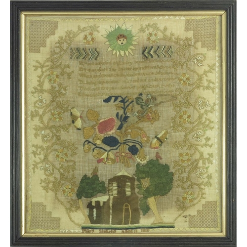 501 - A 19th century sampler by Mary Slingsby, aged 11, 1815, decorated with a church, floral and butterfl... 