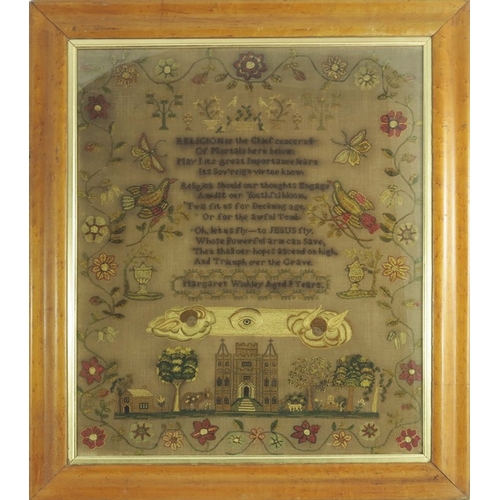 504 - A rare 19th century verse sampler by Margaret Winkley, aged 9, circa 1830, decorated with an all see... 