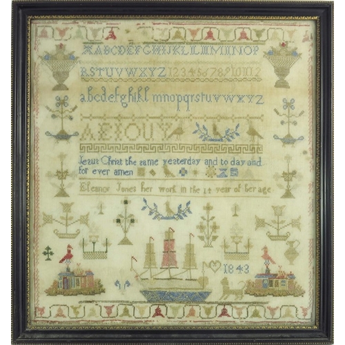 507 - A 19th century Welsh alphabet sampler by Eleanor Jones, aged 14, 1843, framed, 46cm x 43cm