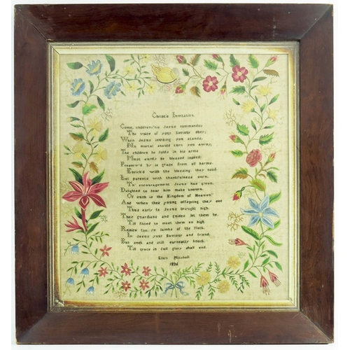 510 - A 19th century verse sampler by Ellen Mitchell, 1836, 'Christ's Invitation', framed, 39cm x 37cm