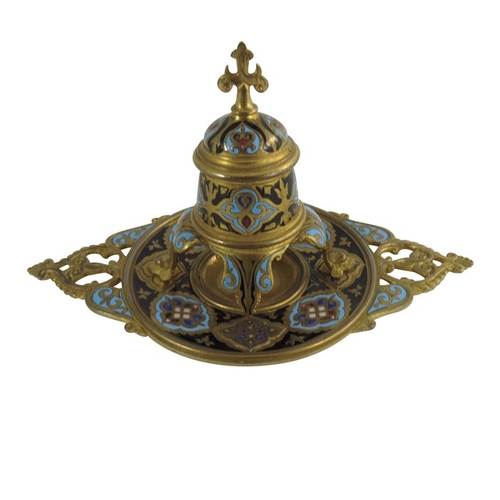 521 - A French champlevé enamelled gilt bronze ink stand, in the Persian style, circa 1860, the conical we... 