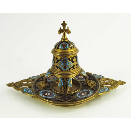 521 - A French champlevé enamelled gilt bronze ink stand, in the Persian style, circa 1860, the conical we... 