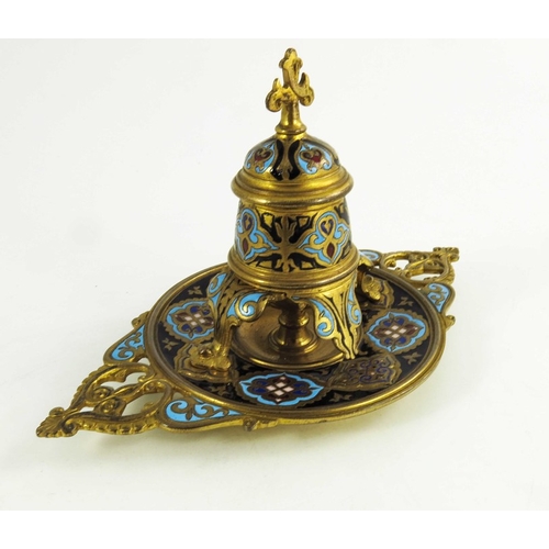 521 - A French champlevé enamelled gilt bronze ink stand, in the Persian style, circa 1860, the conical we... 