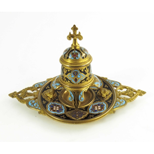 521 - A French champlevé enamelled gilt bronze ink stand, in the Persian style, circa 1860, the conical we... 