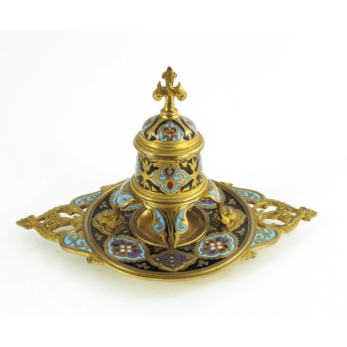 521 - A French champlevé enamelled gilt bronze ink stand, in the Persian style, circa 1860, the conical we... 