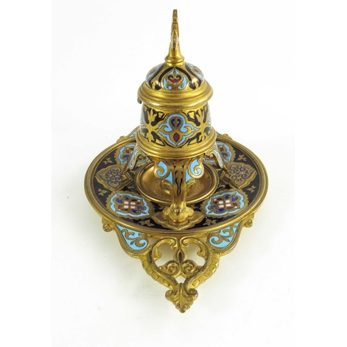 521 - A French champlevé enamelled gilt bronze ink stand, in the Persian style, circa 1860, the conical we... 