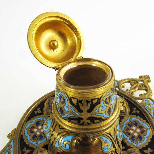 521 - A French champlevé enamelled gilt bronze ink stand, in the Persian style, circa 1860, the conical we... 