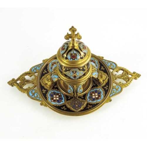 521 - A French champlevé enamelled gilt bronze ink stand, in the Persian style, circa 1860, the conical we... 