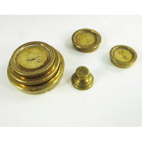 522 - A set of Victorian gilt brass and champlevé enamelled postage scales, each plate with blue knotted f... 